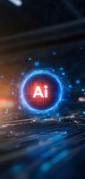 Glowing AI symbol surrounded by digital network connections and computer icons on dark background with blue technology elements and orange light effects.