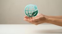 Hands holding transparent globe with grid pattern, representing global connectivity, international business, and worldwide communication networks.