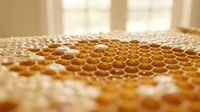 Golden honeycomb with hexagonal cells filled with fresh honey in warm sunlight, natural organic sweetener and bee product for healthy lifestyle.