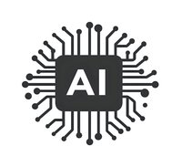 Minimalist artificial intelligence processor symbol with circuit board pattern radiating from central AI text. Clean monochrome design on white background.