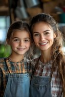 Happy young Caucasian mother and daughter embracing in cozy kitchen wearing matching plaid shirts and denim aprons smiling warmly at camera.