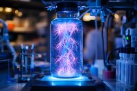 Glowing pink lightning branches captured in glass jar with blue illumination on laboratory table, scientific experiment with electrical discharge phenomenon.