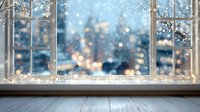 Cozy window sill with wooden floor overlooking snowy winter cityscape with bokeh lights, creating warm indoor atmosphere during snowfall.