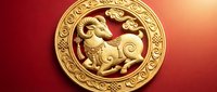 Golden ram zodiac medallion with ornate circular border on red gradient background for Chinese New Year celebrations and astrological designs.