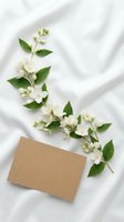 Delicate white jasmine flowers with green leaves arranged on white fabric beside blank kraft paper card, ideal for wedding invitations and greeting card designs.
