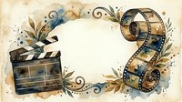 Vintage film production clapper board and movie reel with ornamental flourishes and watercolor splashes frame blank center space for text or content.