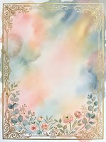 Soft watercolor background with ornate gold filigree border and delicate floral elements, perfect for wedding invitations, greeting cards, and decorative design projects.