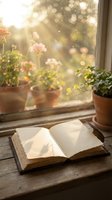 Open book on wooden windowsill with potted plants and warm sunlight streaming through window creating peaceful reading atmosphere for relaxation and learning.
