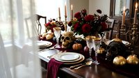 Elegant autumn dining table setting with burgundy flowers, golden pumpkins, candles and wine glasses for Thanksgiving dinner celebration.