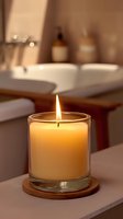 Glowing aromatic candle in glass container on wooden coaster, creating warm ambiance in serene bathroom setting with bathtub in background.