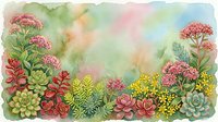 Watercolor succulent garden border with colorful plants and flowers on pastel rainbow background for botanical design projects and nature artwork.