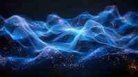 Glowing blue waves of energy with sparkles and light effects flowing on dark background create magical atmosphere for fantasy designs and backgrounds.