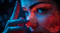 Young woman's face illuminated by glowing red and blue particle effects, finger touching lips in mysterious pose against dark background with bokeh lights.