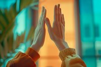 Close up of two people giving high five gesture with warm orange backlight and teal tones, showing celebration, agreement, and teamwork success.