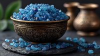 Blue bath salt crystals in vintage copper bowl on dark stone surface with decorative elements and soft lighting for spa and wellness concept.