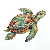 Ornate sea turtle with intricate patterned shell in gold, red, and teal tones, isolated on white background. Suitable for design projects, textiles, and decorative applications.