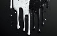Contrasting white and black paint drips flowing down against dark background, creating minimalist abstract composition with striking visual tension.