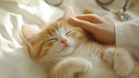 Ginger cat enjoying gentle head scratches while relaxing on white bedding. Soft morning light creates cozy atmosphere showing pet contentment and human-animal bond.
