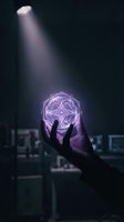 Silhouetted hand holding glowing purple energy sphere with neural network patterns in dark urban setting, representing innovation, technology, and future concepts.