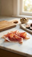 Sliced prosciutto ham on marble cutting board with olives and figs in sunlit kitchen for gourmet cooking and appetizer preparation.