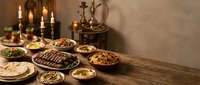 Traditional Middle Eastern feast spread on wooden table with candlelight ambiance featuring hummus, grilled meats, flatbread and authentic dishes for dining.