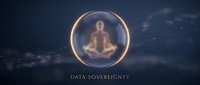 Silhouette of meditating figure in glowing circle against cloudy night sky with data sovereignty text below for spiritual technology concepts.