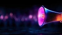 Glowing megaphone with neon pink and blue lights against dark background with bokeh effect, floating above reflective surface. Marketing concept.