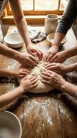 Multiple hands kneading dough together on wooden table in warm kitchen, family baking tradition, teamwork in cooking, homemade bread preparation.