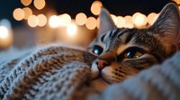 Sleepy cat wrapped in knitted blanket with warm bokeh lights in background creates cozy winter atmosphere. Close up portrait shows feline's expressive eyes.