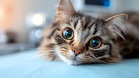 Close up portrait of fluffy tabby cat with bright blue eyes lying on turquoise surface. Soft bokeh background creates dreamy atmosphere for pet photography.
