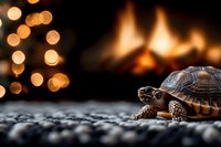 Small turtle on pebble surface against blurred fireplace and warm bokeh lights creating cozy atmospheric composition for nature and holiday designs.