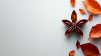 Star anise pod and vibrant autumn leaves scattered on light gray background with copy space, minimalist seasonal food composition for culinary designs.