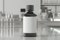 Black medicine bottle with blank white label on laboratory counter, selective focus on container against blurred scientific background for pharmaceutical mockup.