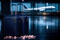 Two navy blue hardshell suitcases at airport terminal with airplane visible in background and scattered rose petals on floor.