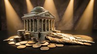 Classical bank building with columns surrounded by golden coins under dramatic spotlights representing financial institution wealth and monetary success.