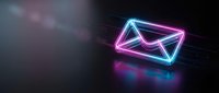 Glowing neon email envelope icon with pink and blue light effects on dark background for digital communication and marketing concepts.