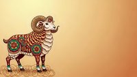Decorative ram with ornate patterns and colorful mandala designs on warm gradient background for zodiac and cultural celebrations.