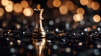 Golden chess queen piece standing among fallen pieces on reflective surface with warm bokeh lights creating dramatic atmosphere for business strategy concepts.