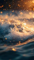 Ocean wave splashing at golden sunset with bokeh light effects and water droplets creating magical atmosphere, nature background for wellness designs.