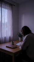 Young woman reading book at wooden desk by window with soft natural light filtering through sheer curtains in cozy purple-toned room with coffee cup and plant.