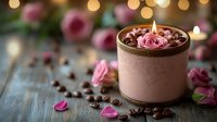 Romantic chocolate mousse dessert with pink roses and coffee beans on rustic wooden table, soft bokeh lights create cozy atmosphere for Valentine's day celebration.