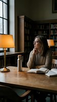 Thoughtful young woman with glasses reading book at wooden table in cozy library with warm lighting and bookshelves for study and research concepts.