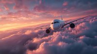 Commercial airplane flying above fluffy clouds during dramatic sunset with vibrant pink and orange sky. Ideal for travel industry advertising.