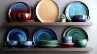 Modern ceramic dinnerware collection displayed on wooden shelves featuring plates and bowls in rich blue, teal, burgundy and beige tones with small succulent decoration.