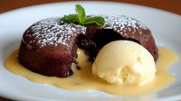 Warm chocolate fondant dessert with molten center, vanilla ice cream scoop, mint leaf garnish and custard sauce on white plate, close up view of lava cake.