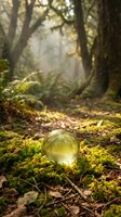 Mystical crystal ball glowing on moss-covered forest floor with sunbeams filtering through ancient trees creating magical woodland atmosphere.