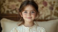 Portrait of young girl with blue eyes and light brown hair wearing a floral patterned blouse, sitting against a soft background with vintage wallpaper.