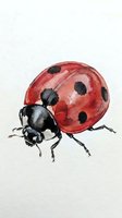 Red ladybug with black spots and legs on white background, rendered in watercolor style for nature, wildlife, and educational use.