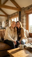Two young women friends sitting together on leather sofa in cozy rustic living room with exposed wooden beams and stone walls sharing warm moment.