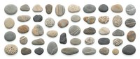 Collection of natural river rocks and pebbles in various shapes, sizes and earth tones isolated on white background for landscaping and design projects.